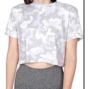 Max & Allie Womens Grey White Camouflage Crop Top Short Sleeve Crew Neck Size M